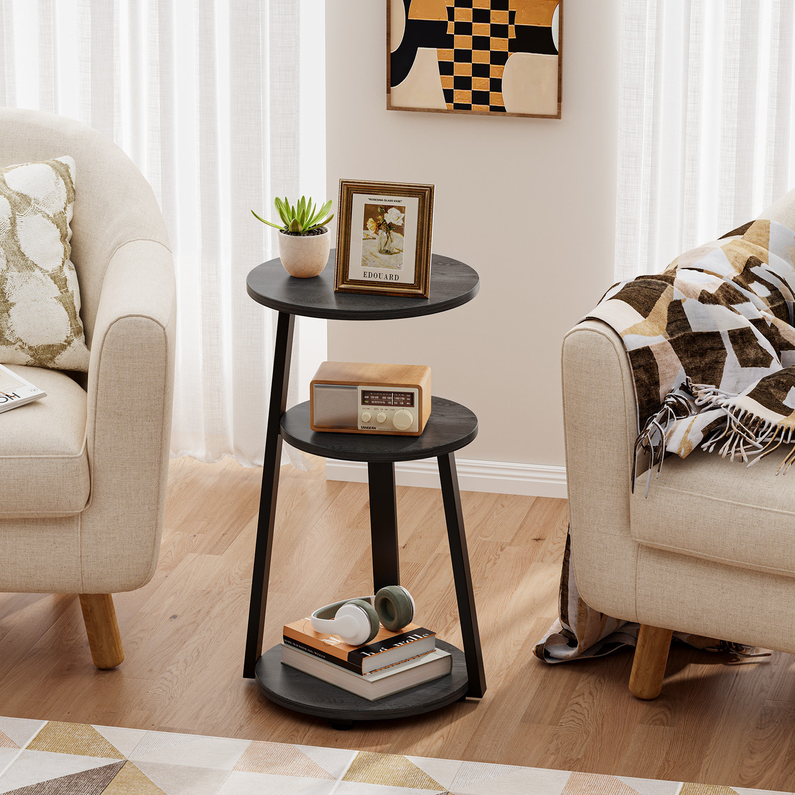 Round side table with shelves discount